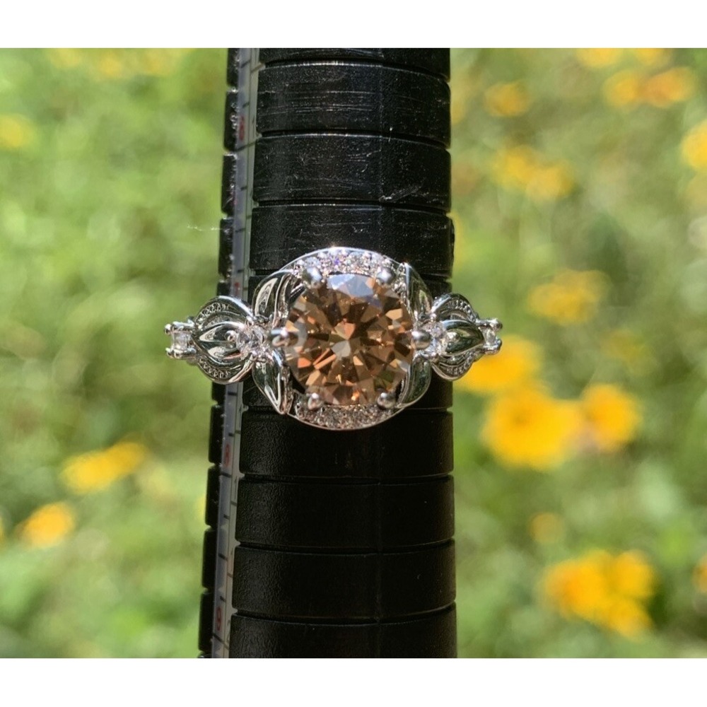 Silver Tone Cocktail Ring Champagne Center Stone White Gold Plated Size 7.25